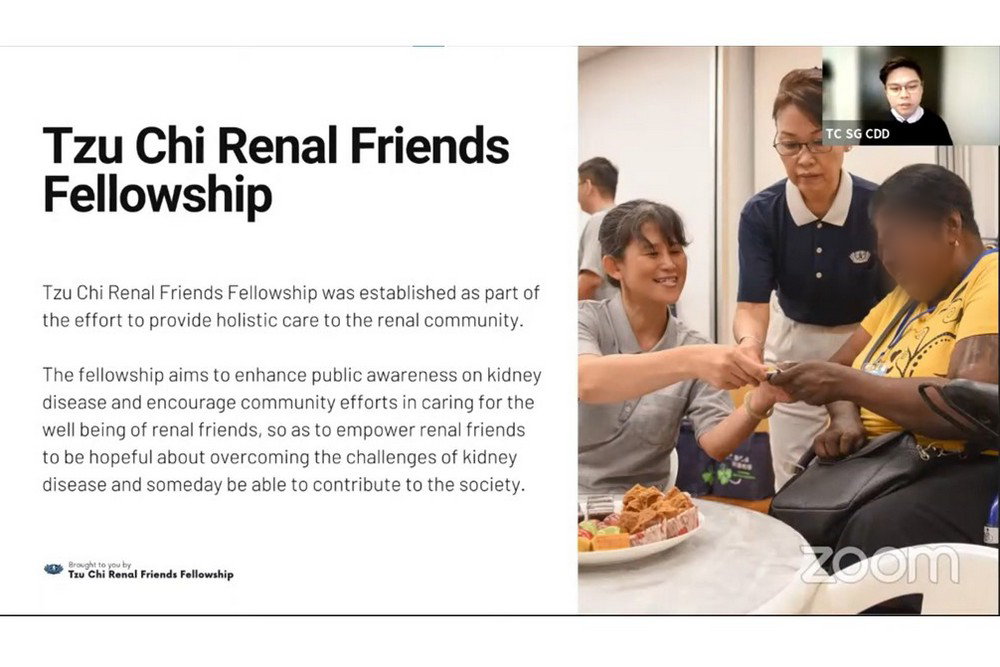 Mr Alex Chen (top right), Tzu Chi Charity Development Associate, introducing Tzu Chi’s fellowship with renal patients as part of the virtual “Super Sunday” programme. (Screenshot by Goh Leay Ying)